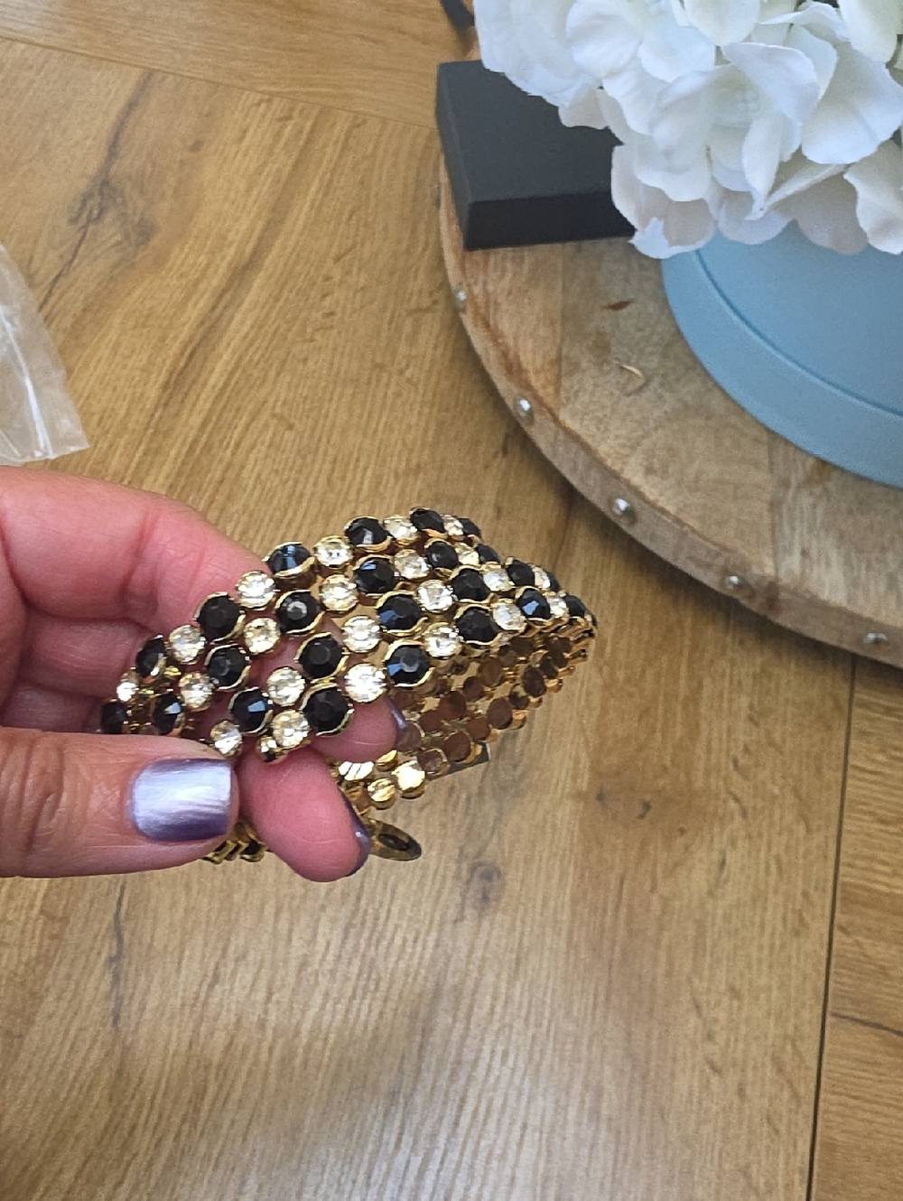 Gold-Tone Black and Clear Stone Stretch Bracelet